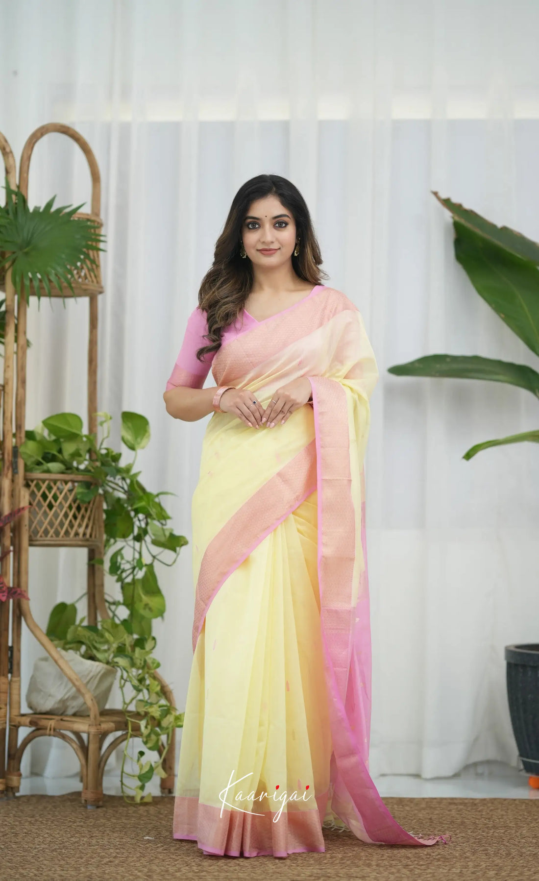 Maanvi Maheswari Silk Cotton Saree - Pastel Yellow and Pink Sarees