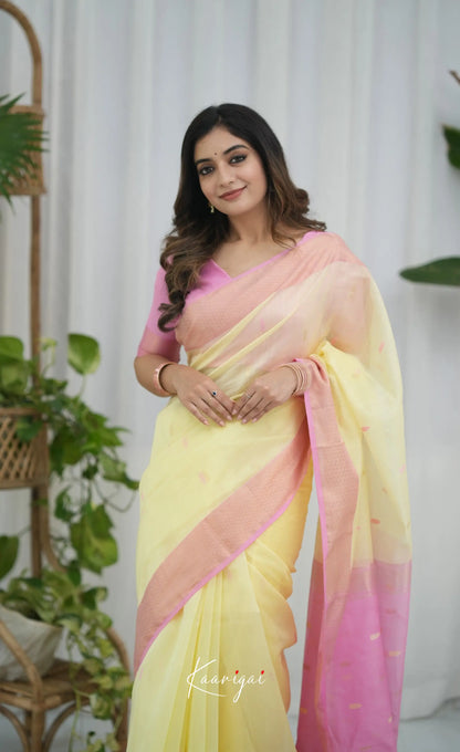 Maanvi Maheswari Silk Cotton Saree - Pastel Yellow and Pink Sarees