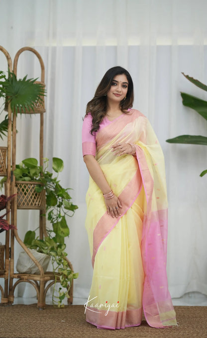 Maanvi Maheswari Silk Cotton Saree - Pastel Yellow and Pink Sarees