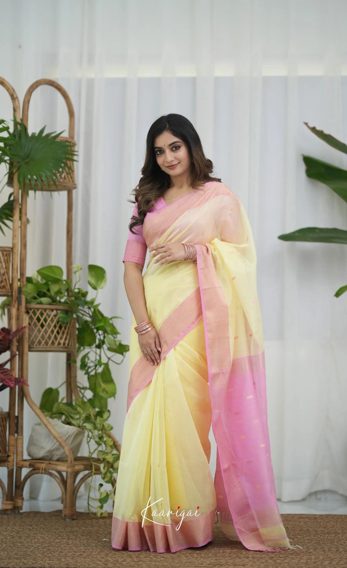 Maanvi Maheswari Silk Cotton Saree - Pastel Yellow and Pink Sarees