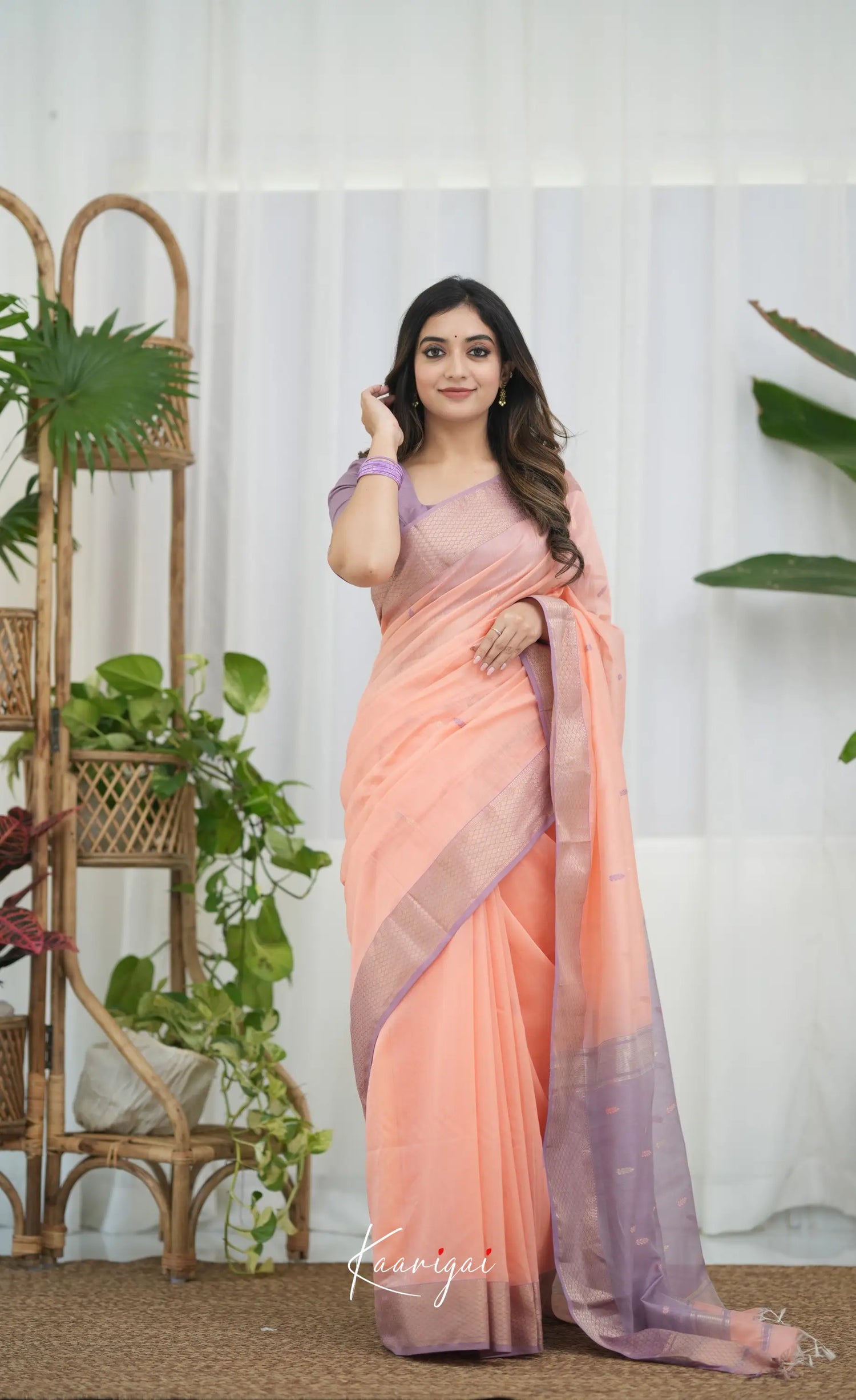 Maanvi Maheswari Silk Cotton Saree - Peach and Lavender Sarees