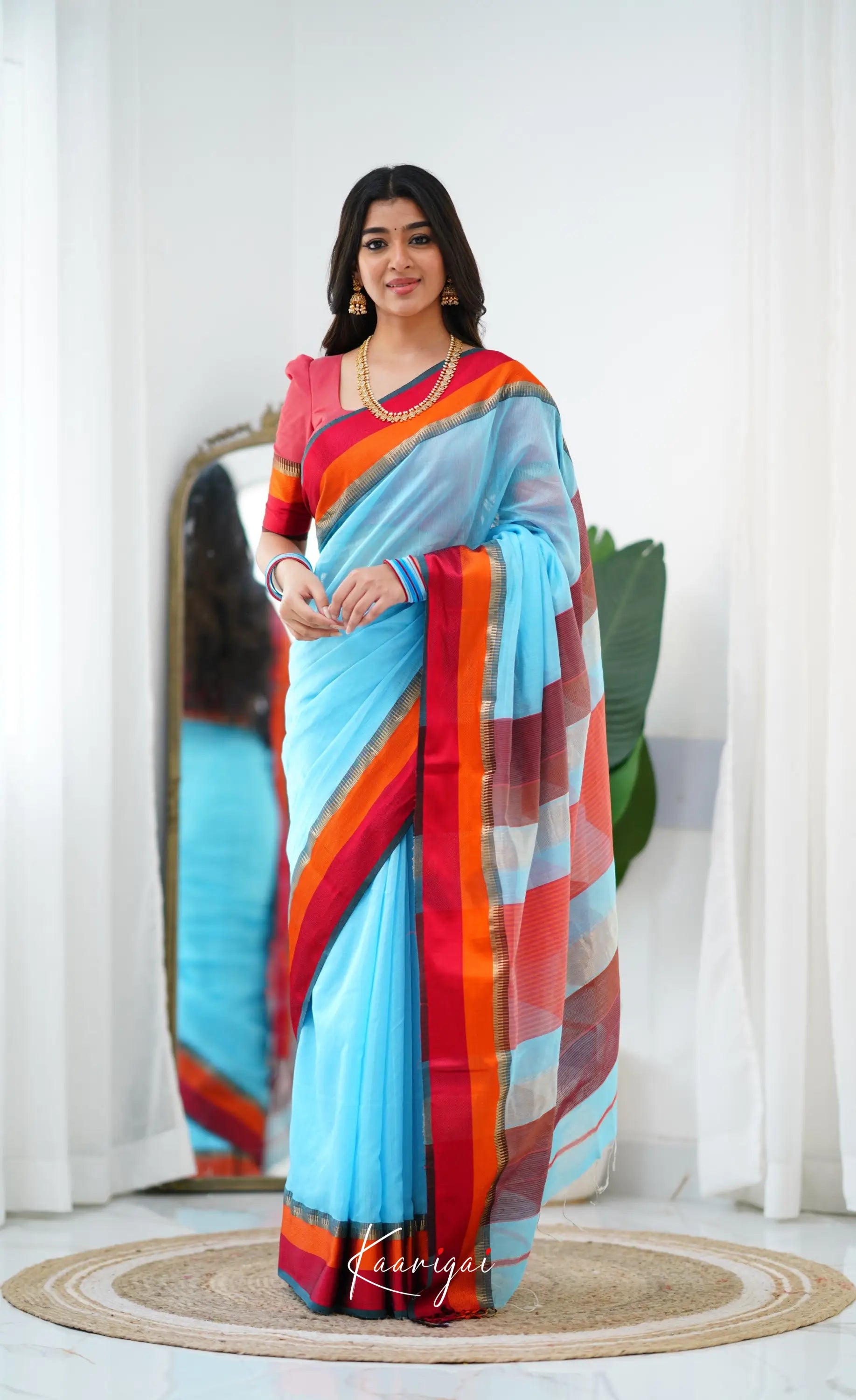 Maanvi Maheswari Silk Cotton Saree - Sky Blue And Red Sarees