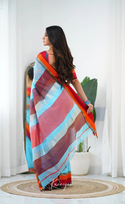 Maanvi Maheswari Silk Cotton Saree - Sky Blue And Red Sarees