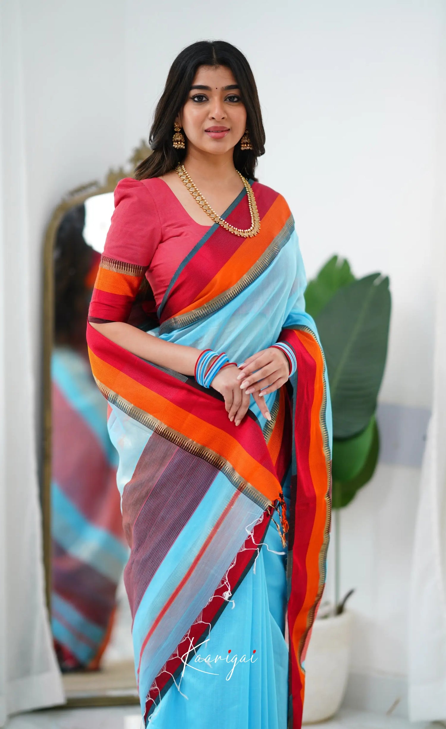 Maanvi Maheswari Silk Cotton Saree - Sky Blue And Red Sarees