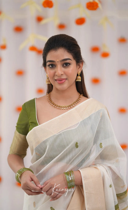 Maanvi Maheswari Silk Cotton Saree - White and Olive Green Sarees
