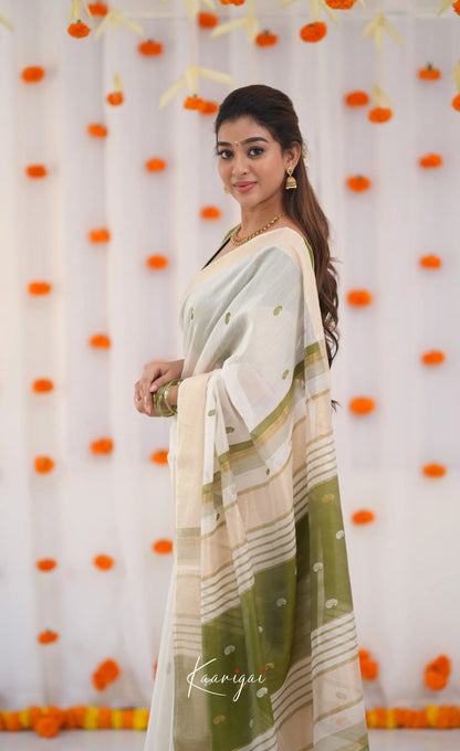 Maanvi Maheswari Silk Cotton Saree - White and Olive Green Sarees