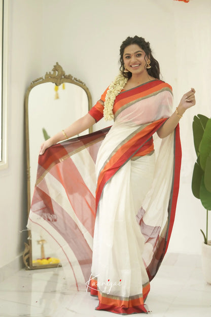 Maanvi Maheswari Silk Cotton Saree - White And Red Sarees