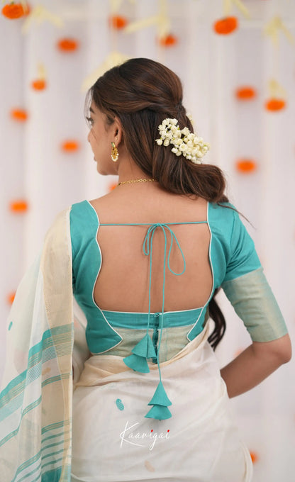 Maanvi Maheswari Silk Cotton Saree - White and Teal Blue Sarees