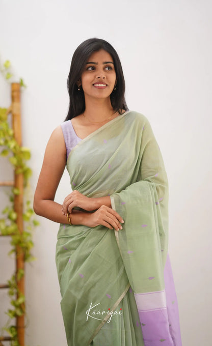 Aadrika- Pastel Green And Light Lavender Pure Maheshwari Silk Cotton Saree Sarees