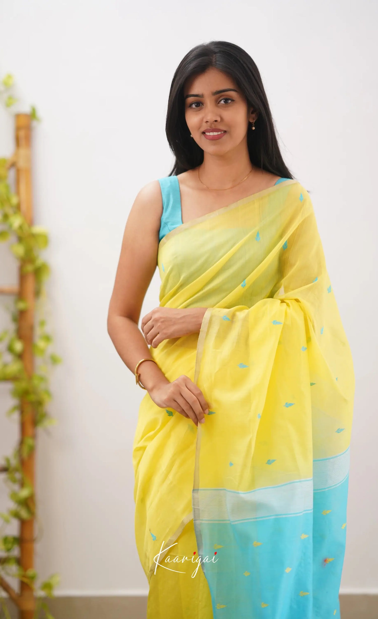 Aadrika- Yellow And Light Blue Pure Maheshwari Silk Cotton Saree Sarees