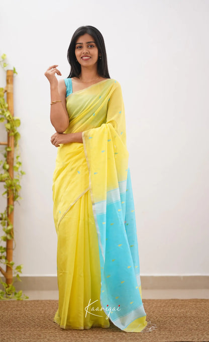 Aadrika- Yellow And Light Blue Pure Maheshwari Silk Cotton Saree Sarees