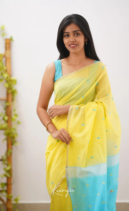 Aadrika- Yellow And Light Blue Pure Maheshwari Silk Cotton Saree Sarees
