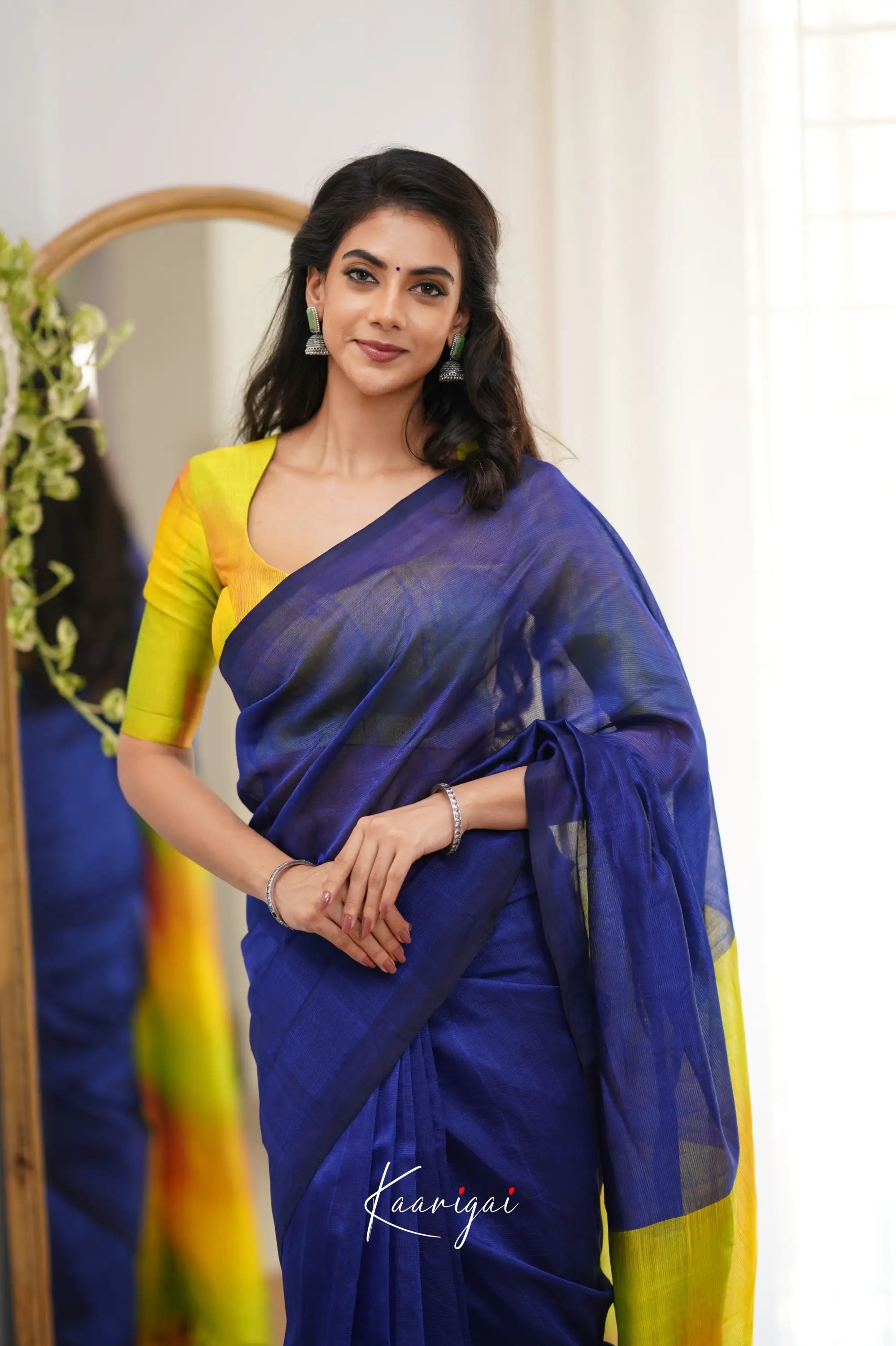 Madura Mangalagiri Saree - Ink Blue And Yellow Sarees