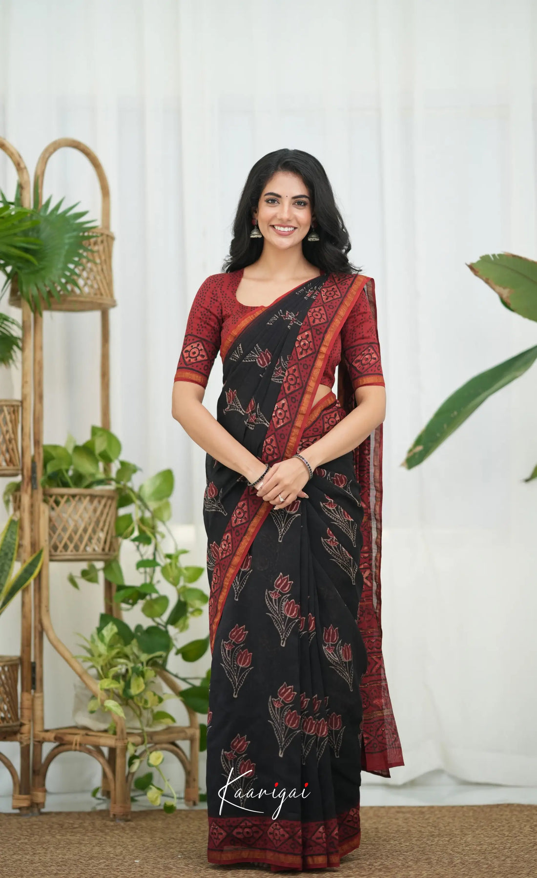 Mayuri Hand Block printed Maheswari Saree - Black and Red Sarees