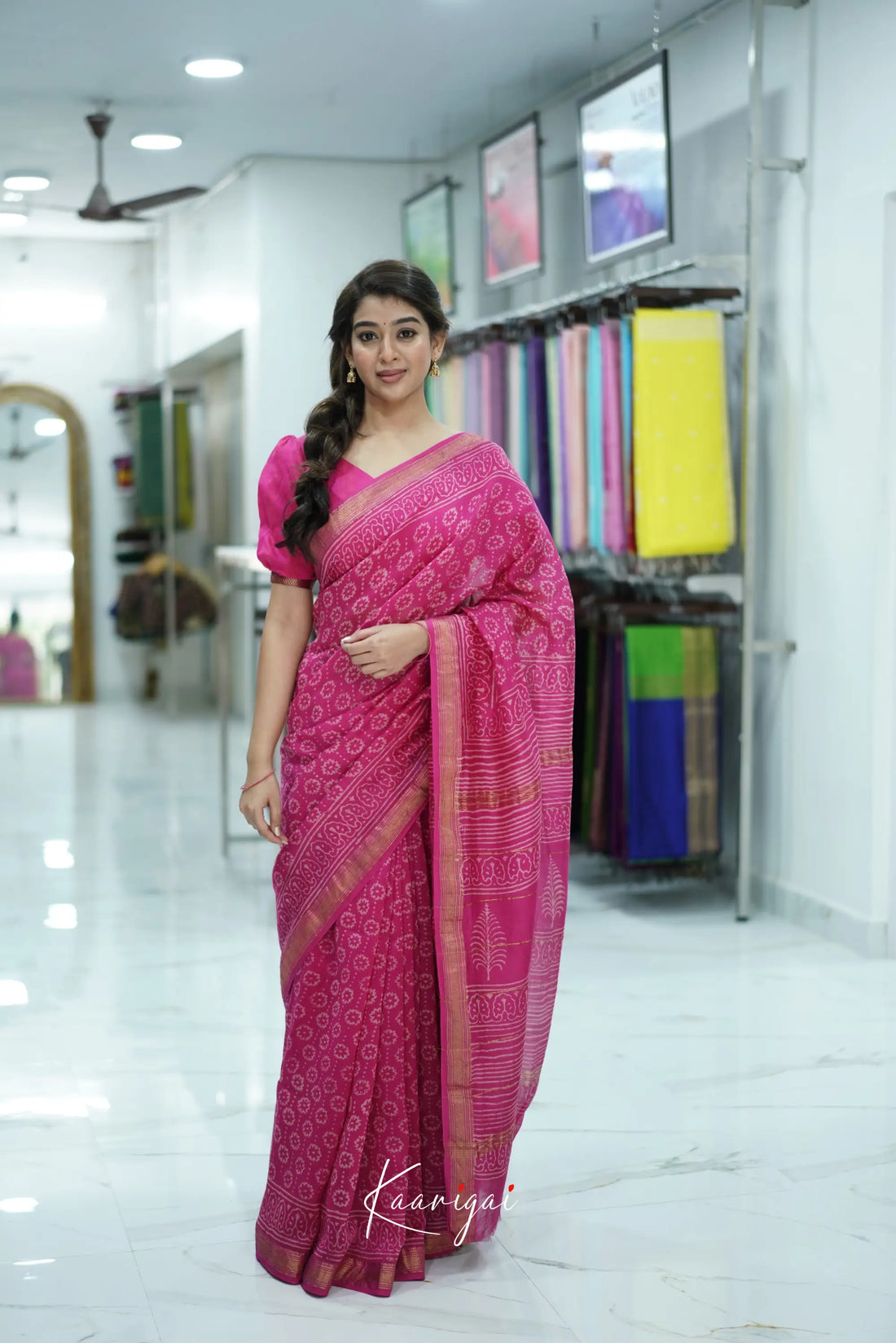 Mayuri Hand Block printed Maheswari Saree - Rani Pink Sarees