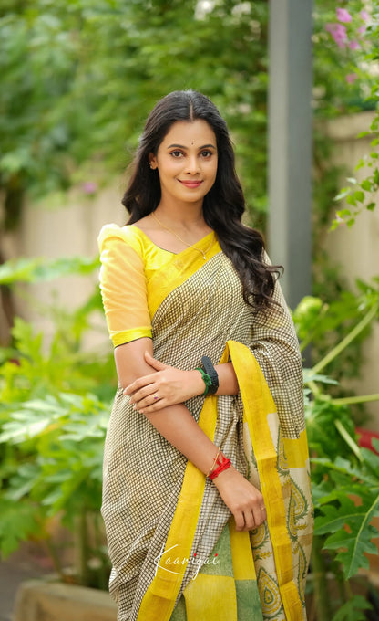 Mayuri Maheswari Saree - Black And White With Yellow Sarees