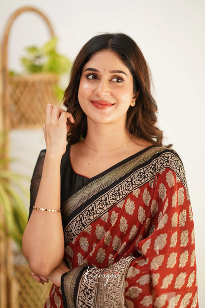 Mayuri Maheswari Saree - Red and Black - Sarees