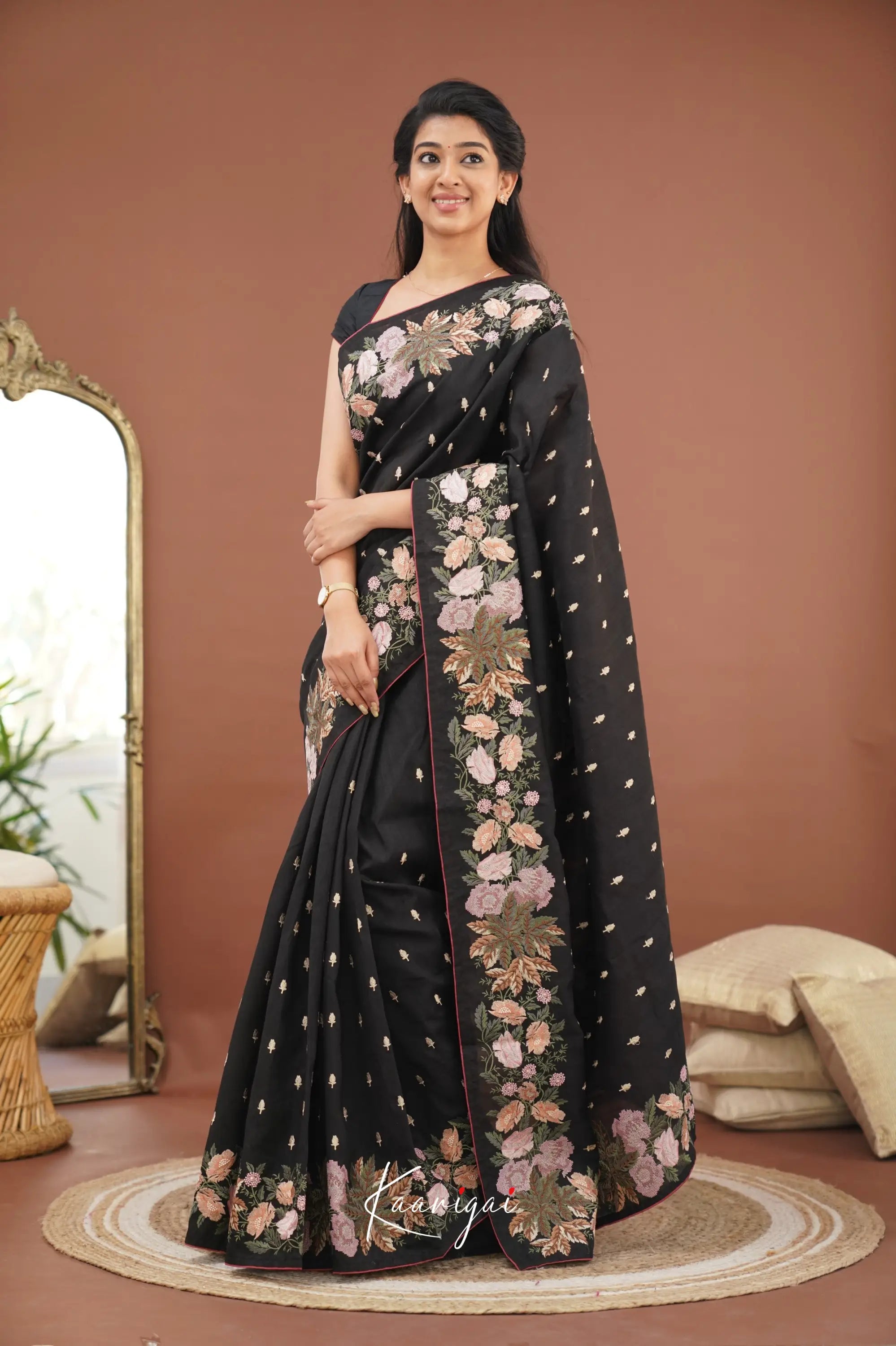 Nakshatra Blended Tussar Saree With Embroidery - Black Sarees