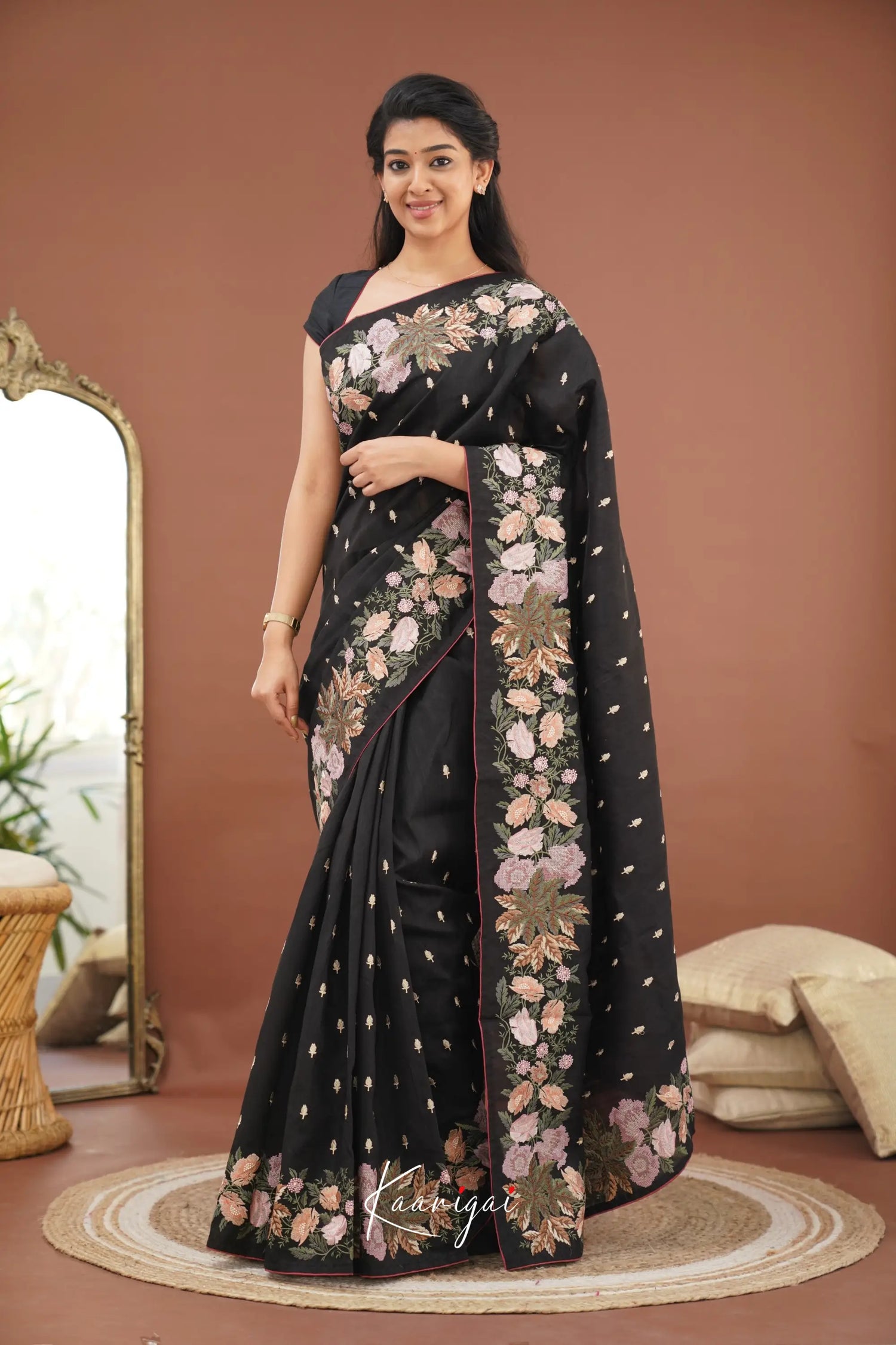 Nakshatra Blended Tussar Saree With Embroidery - Black Sarees