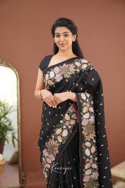 Nakshatra Blended Tussar Saree With Embroidery - Black Sarees