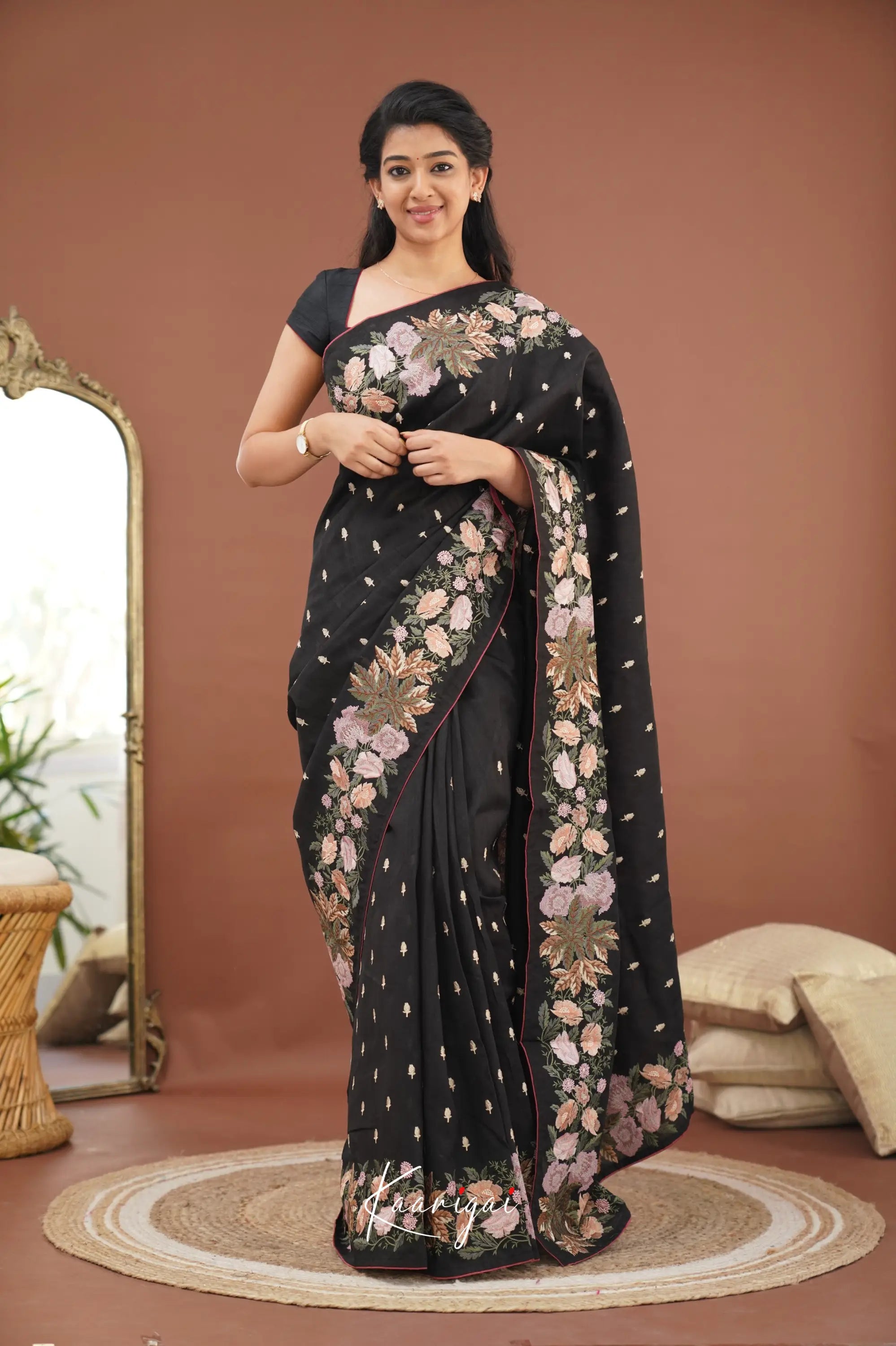 Nakshatra Blended Tussar Saree With Embroidery - Black Sarees