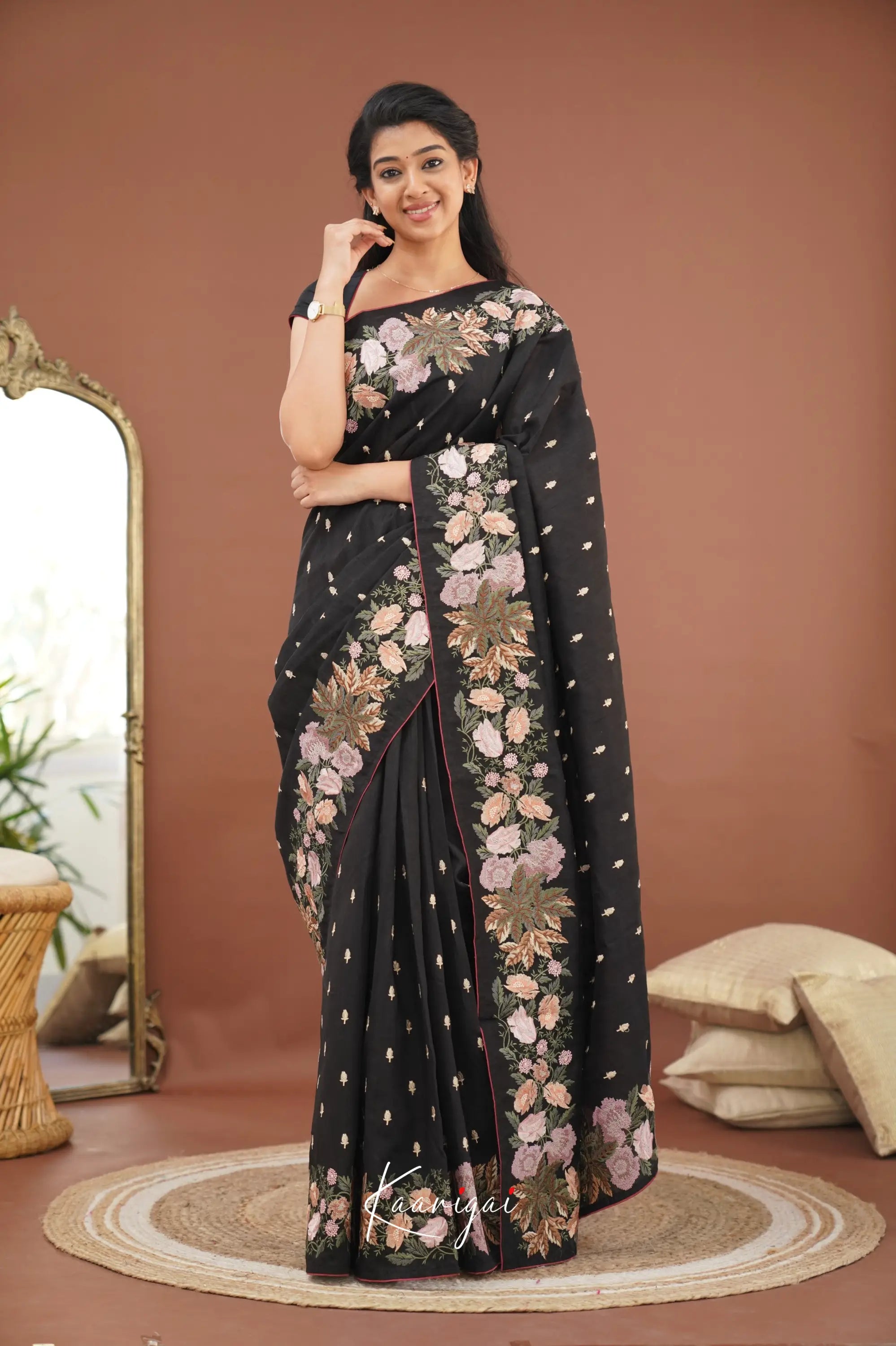 Nakshatra Blended Tussar Saree With Embroidery - Black Sarees