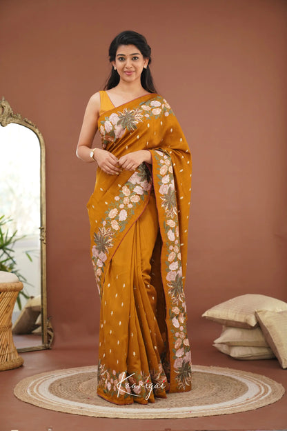 Nakshatra Blended Tussar Saree With Embroidery - Dark Mustard Sarees