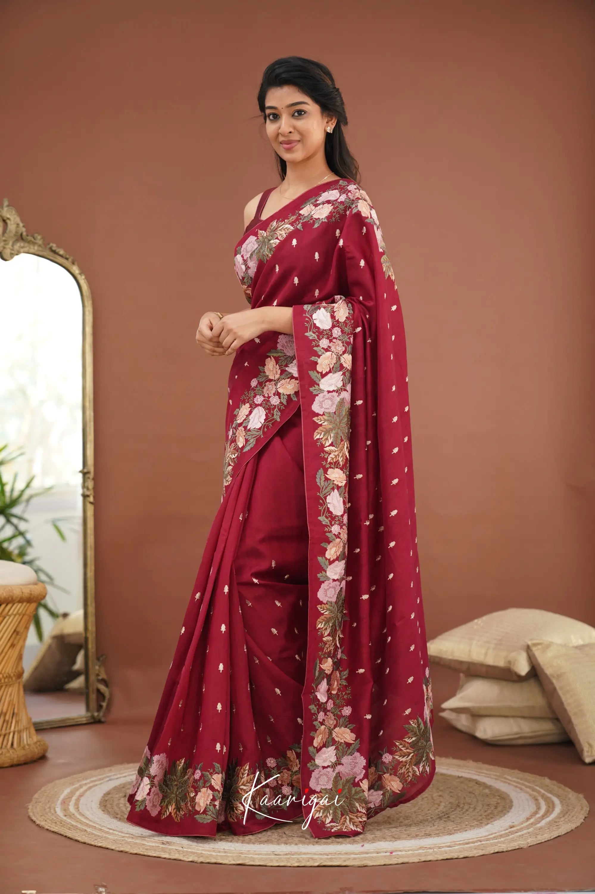 Nakshatra Blended Tussar Saree With Embroidery - Maroon Sarees