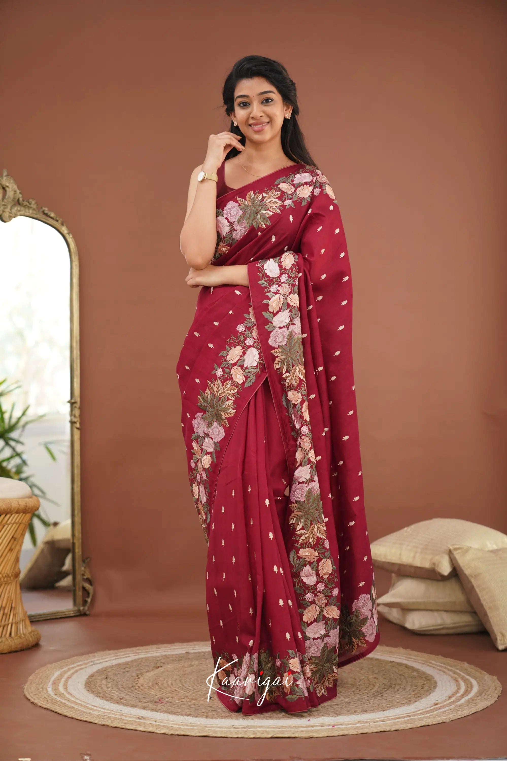 Nakshatra Blended Tussar Saree With Embroidery - Maroon Sarees