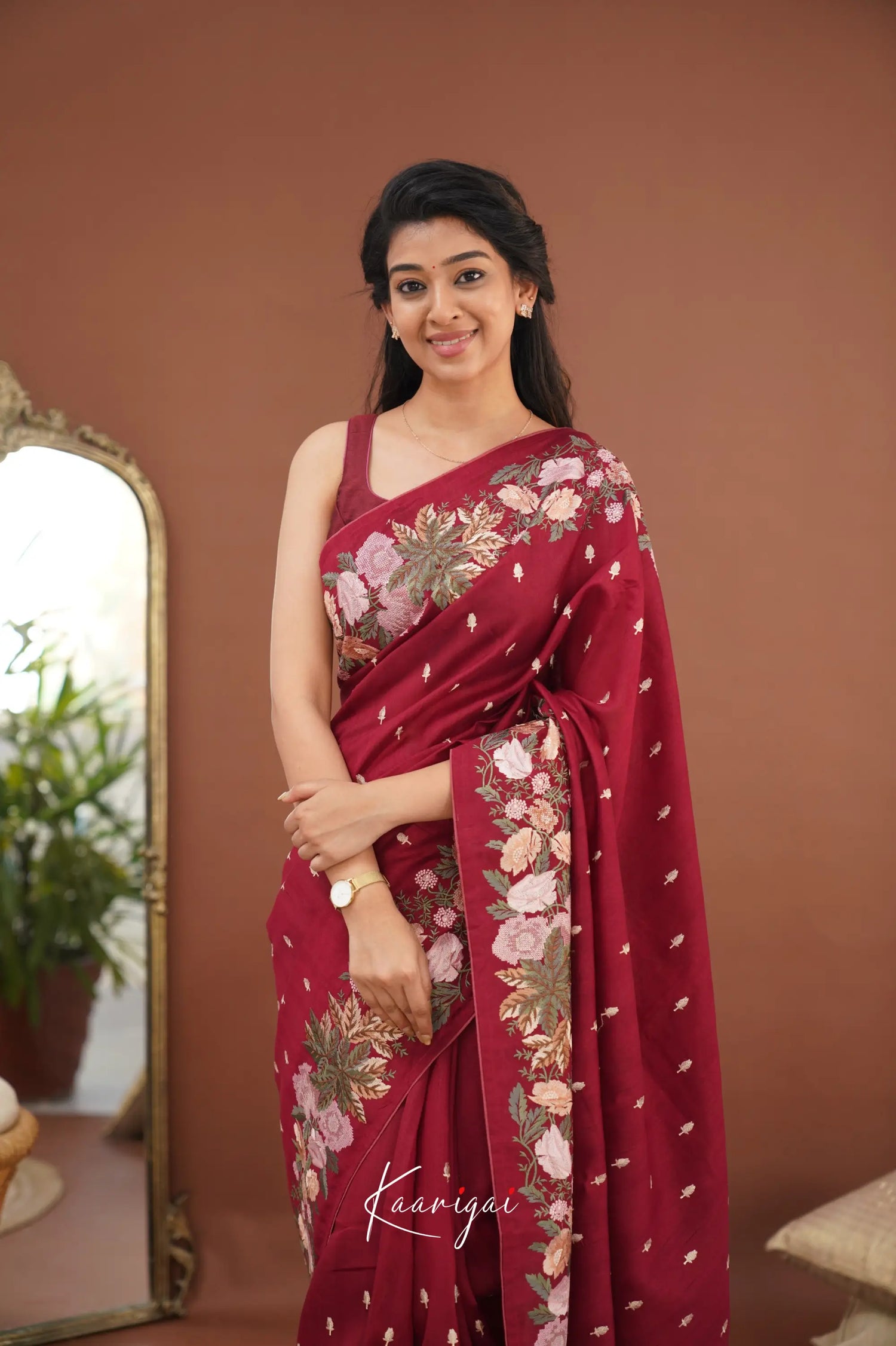 Nakshatra Blended Tussar Saree With Embroidery - Maroon Sarees