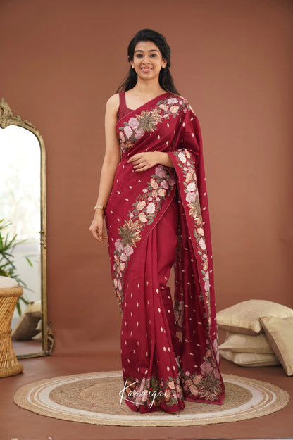 Nakshatra Blended Tussar Saree With Embroidery - Maroon Sarees