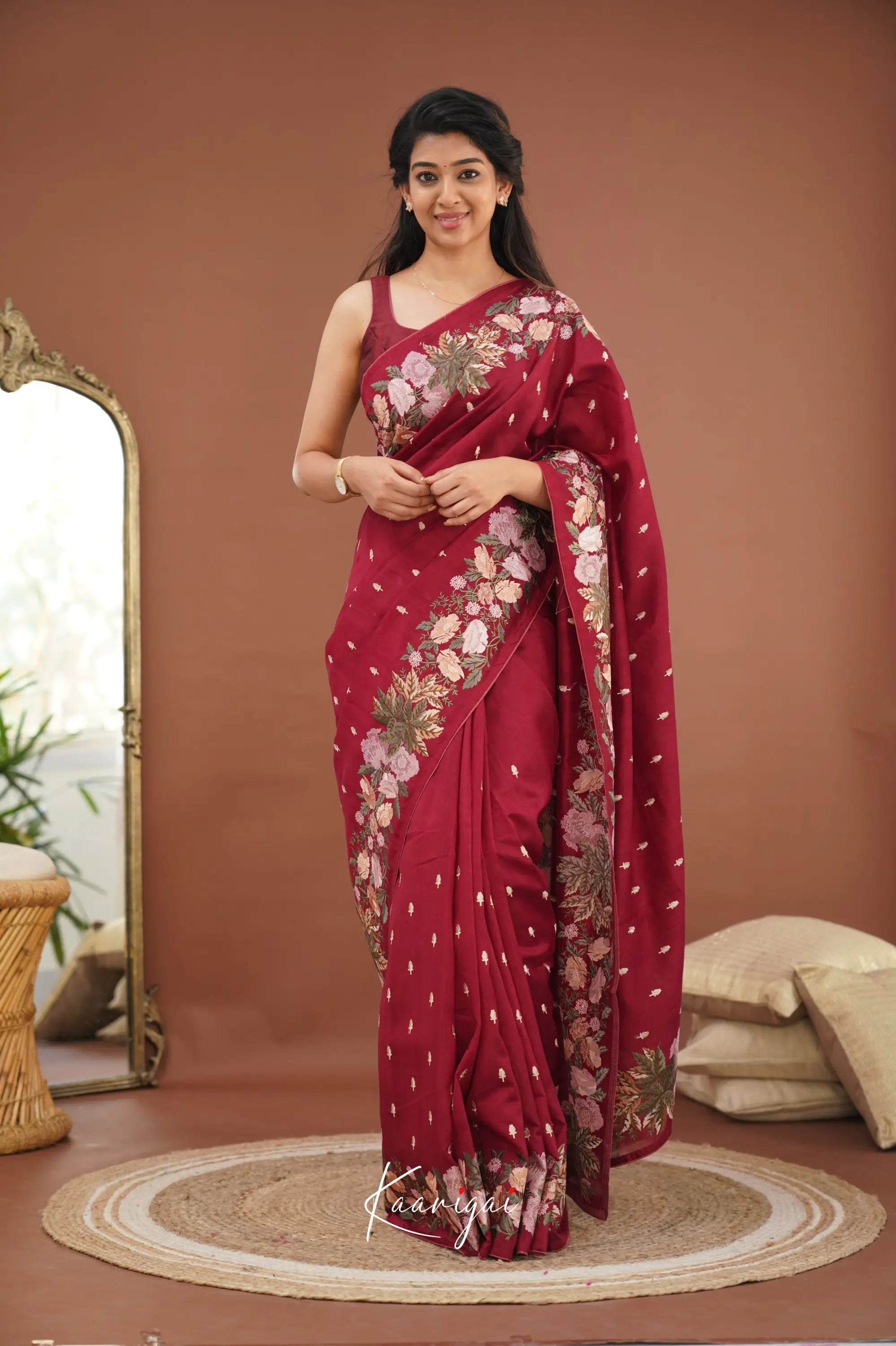 Nakshatra Blended Tussar Saree With Embroidery - Maroon Sarees