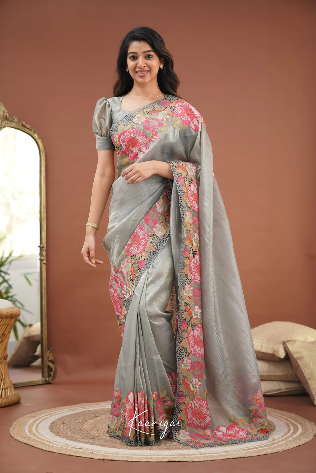 Nakshatra Crushed Tissue Saree - Grey Sarees
