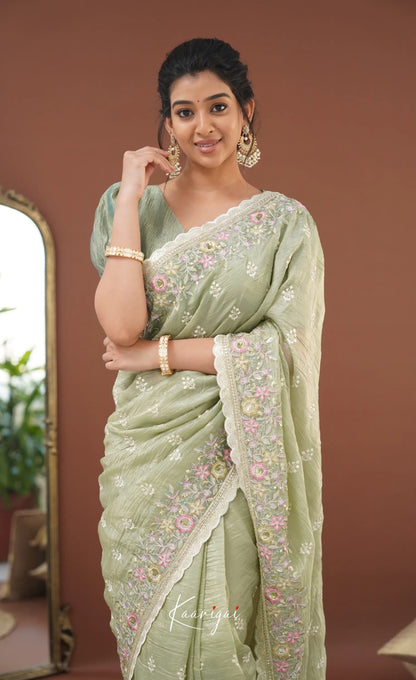 Nakshatra Crushed Tissue Saree - Pastel Green Sarees