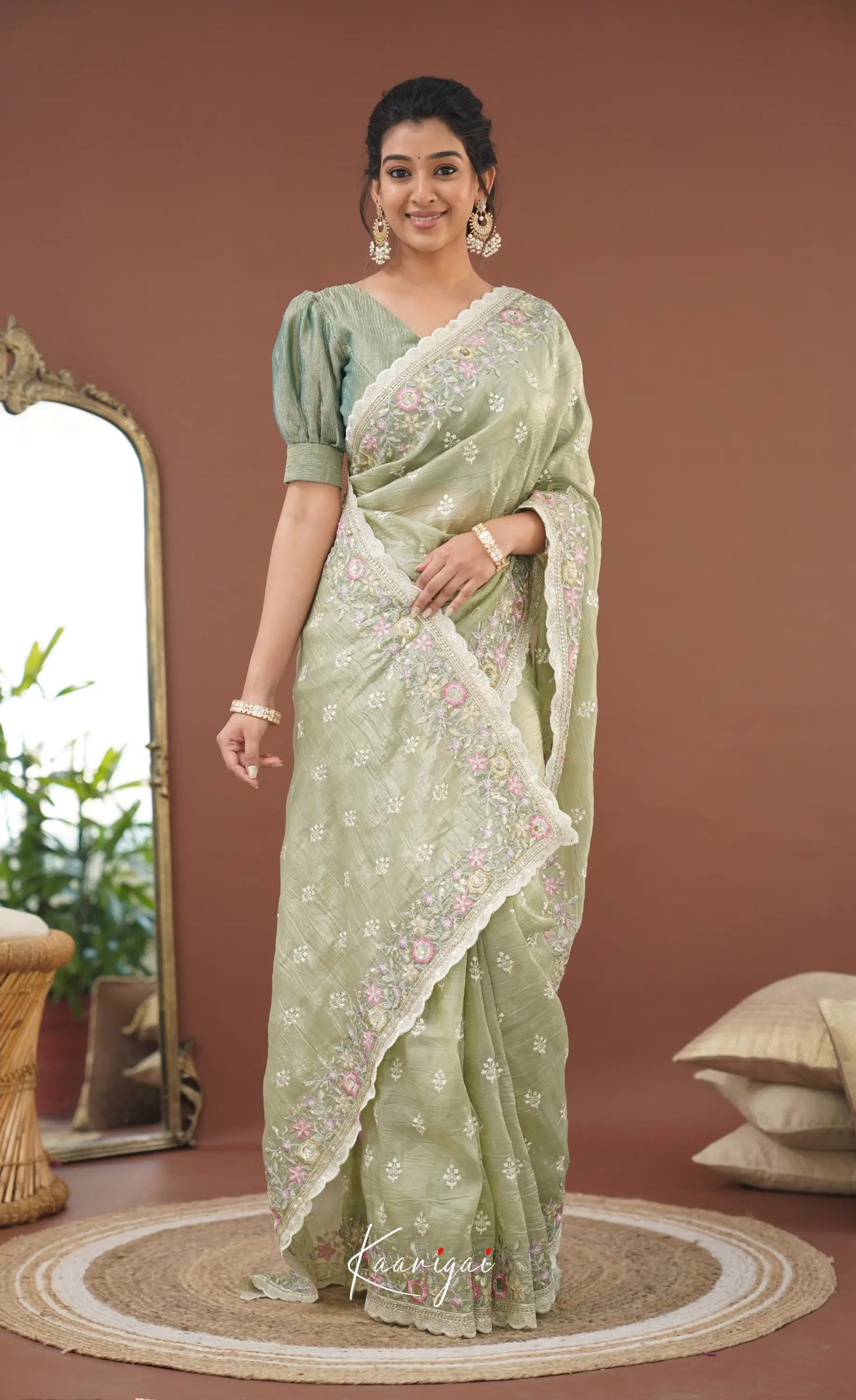 Nakshatra Crushed Tissue Saree - Pastel Green Sarees