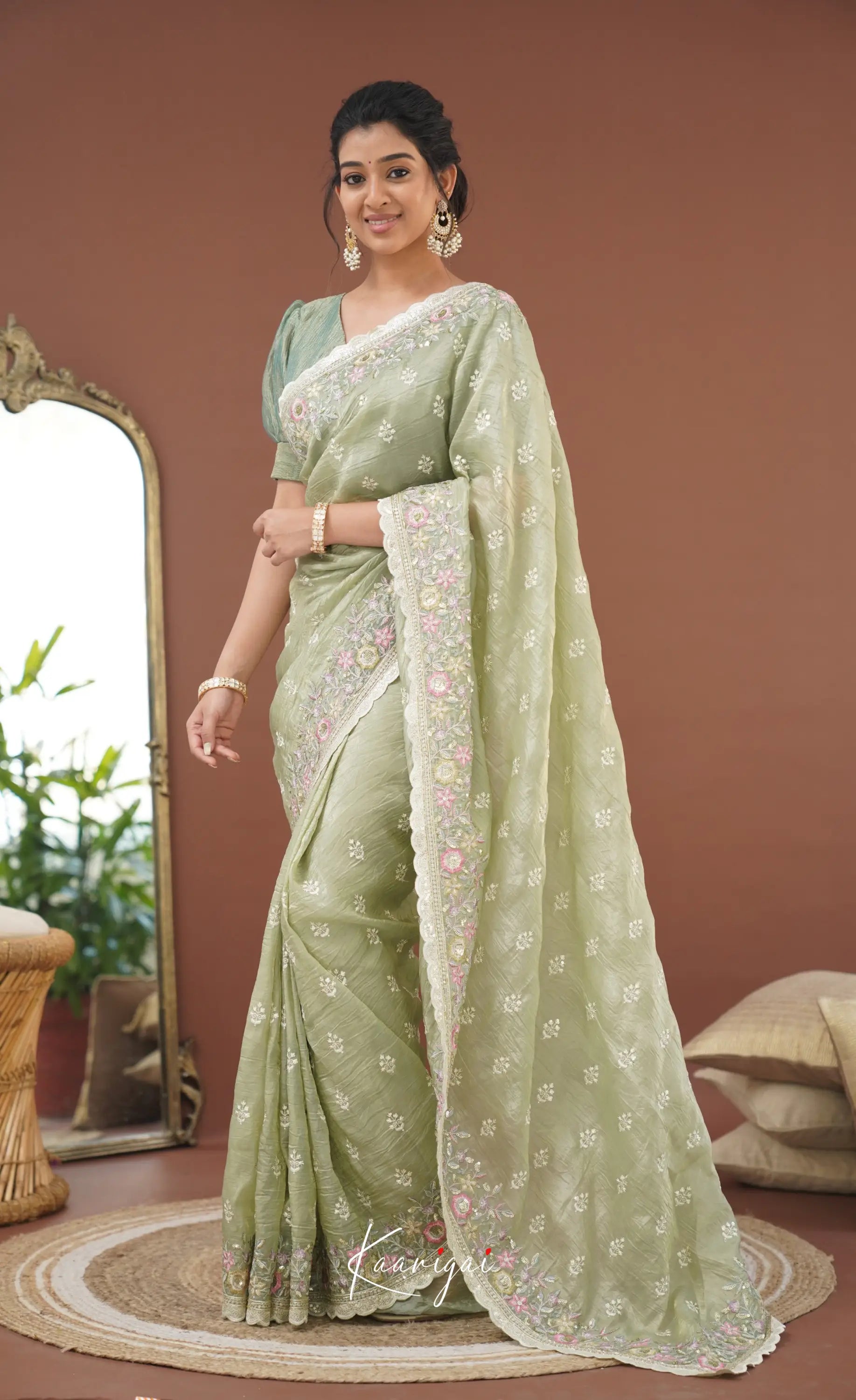 Nakshatra Crushed Tissue Saree - Pastel Green Sarees