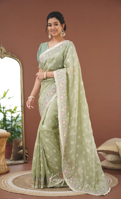 Nakshatra Crushed Tissue Saree - Pastel Green Sarees