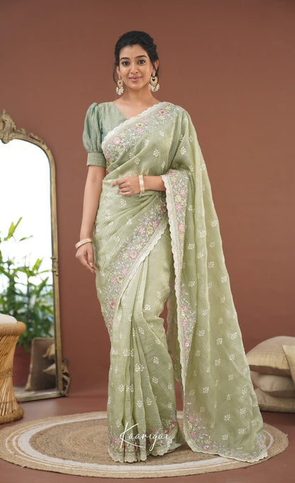 Nakshatra Crushed Tissue Saree - Pastel Green Sarees