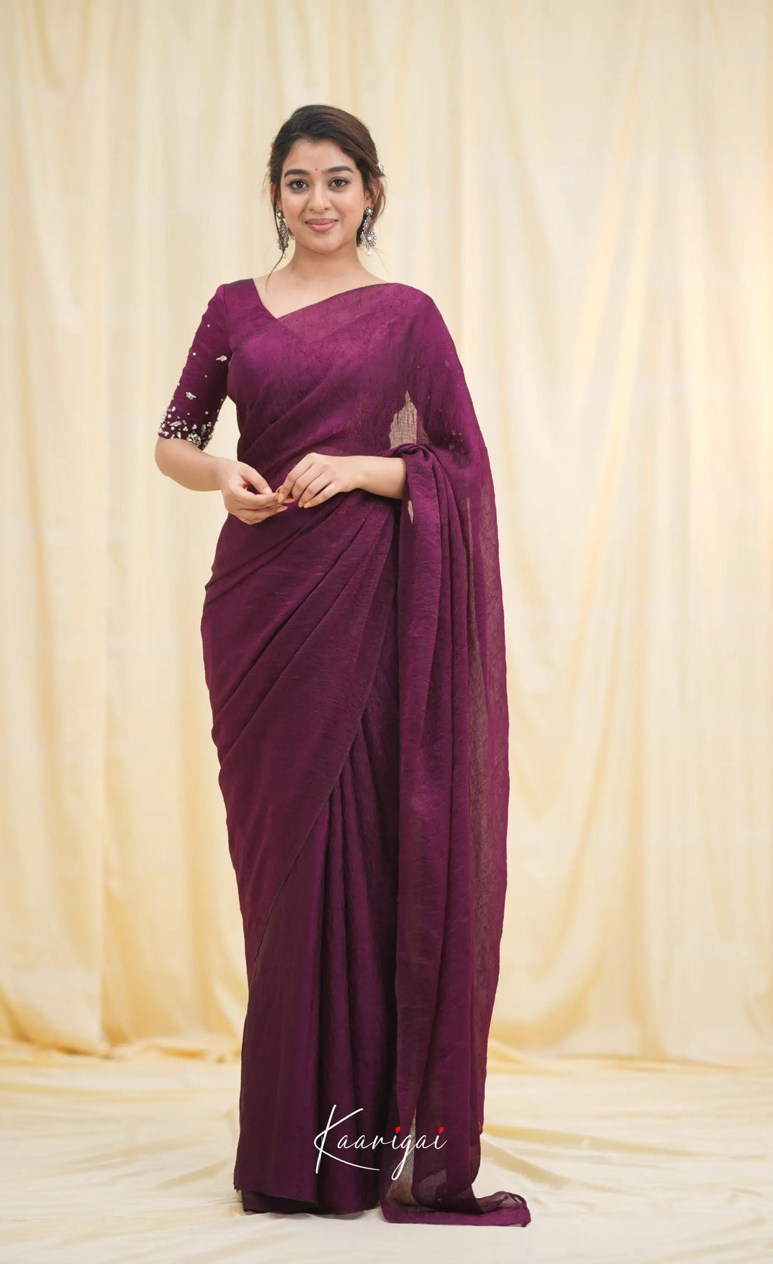 Nakshatra Metallic Crush Saree - Wine Sarees