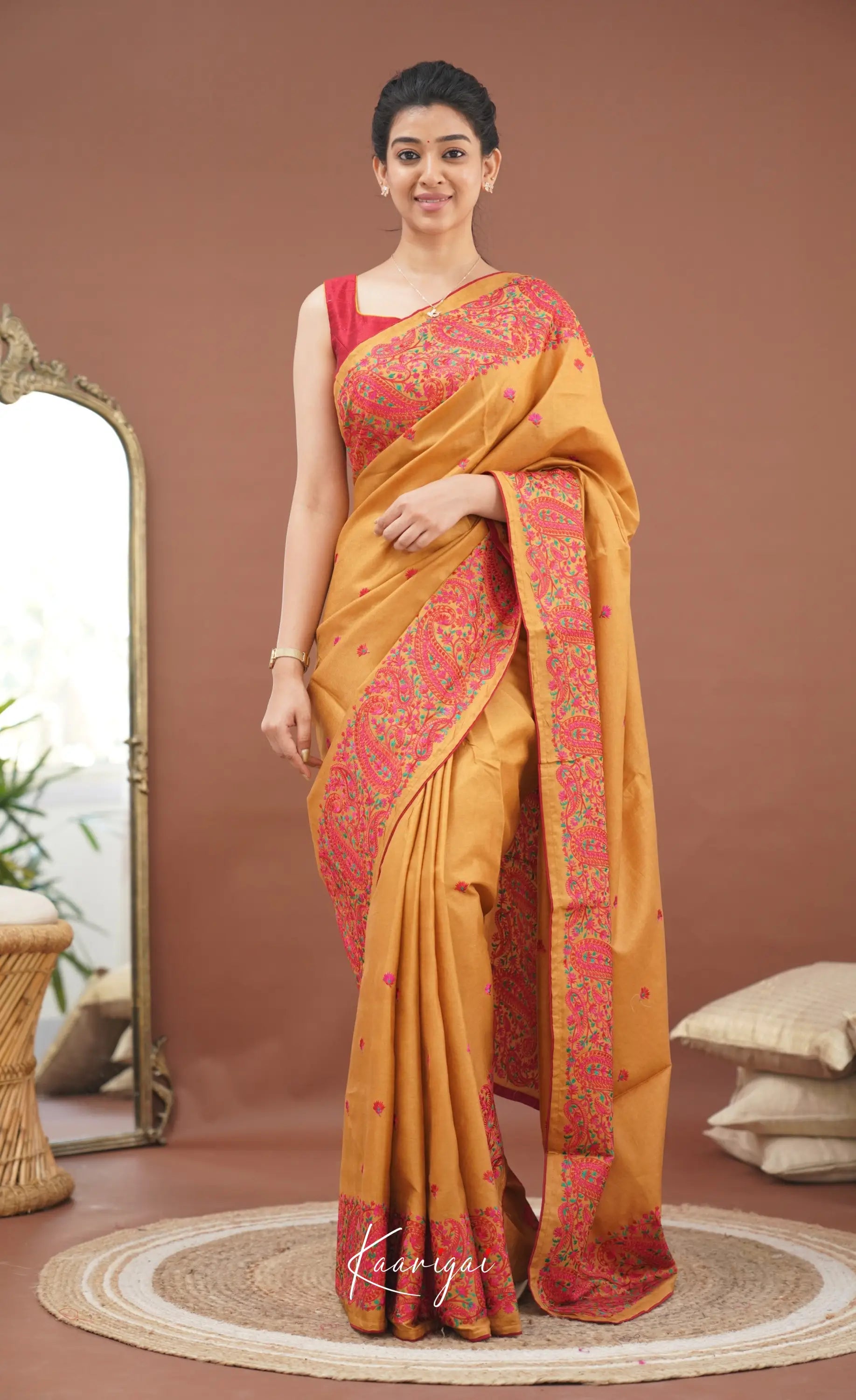 Nakshatra Semi Tissue Saree - Mustard And Red Sarees