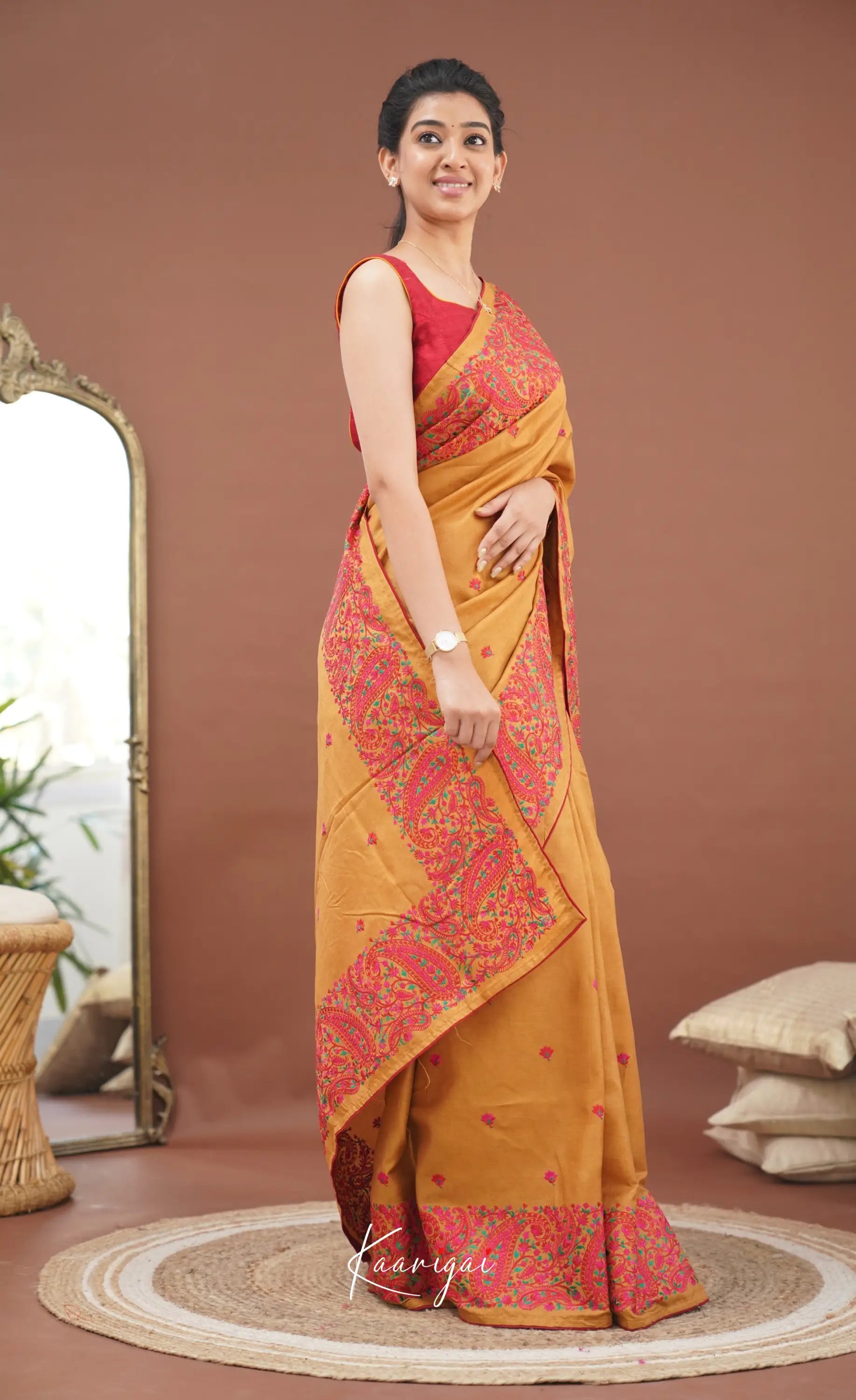 Nakshatra Semi Tissue Saree - Mustard And Red Sarees