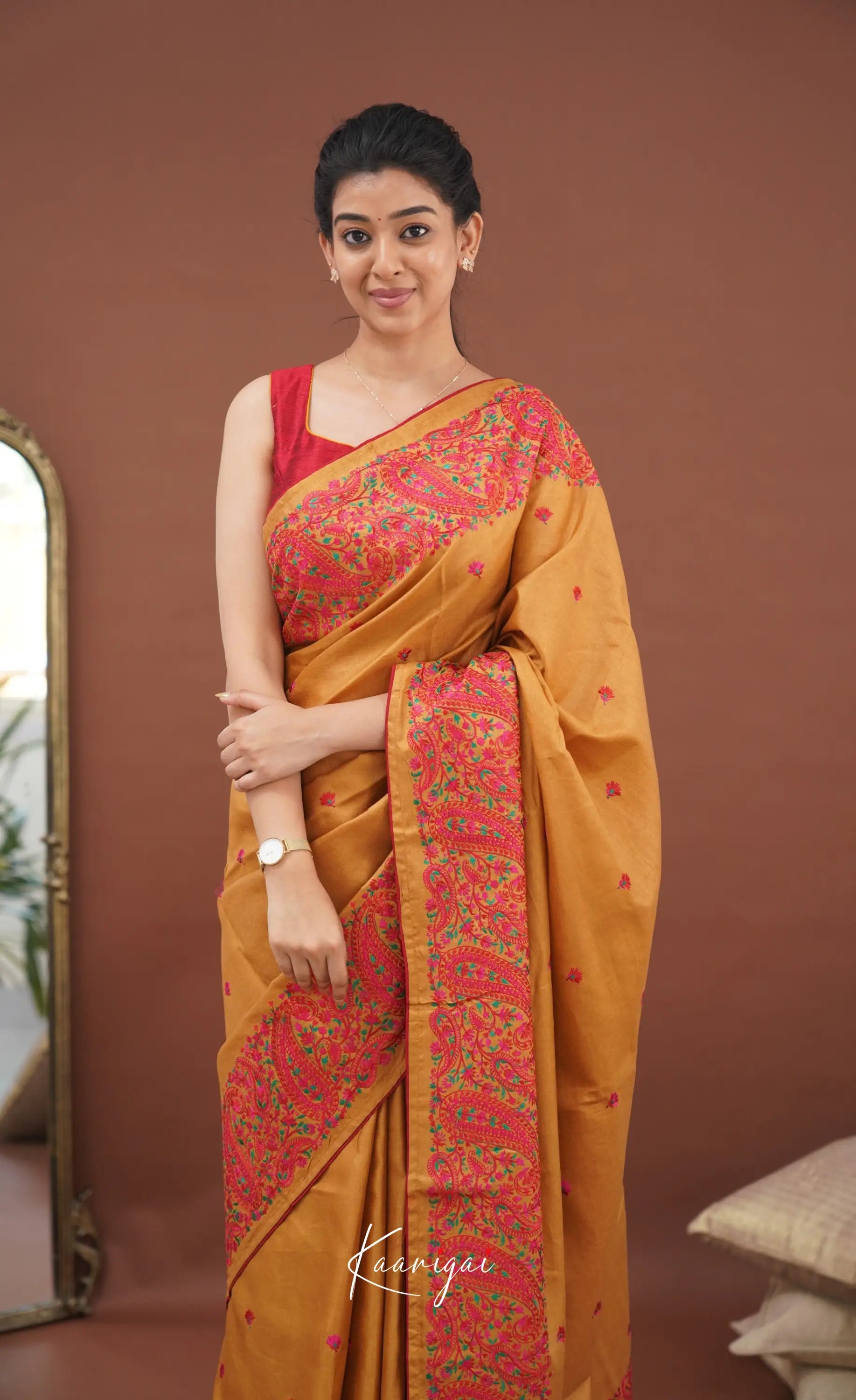 Nakshatra Semi Tissue Saree - Mustard And Red Sarees