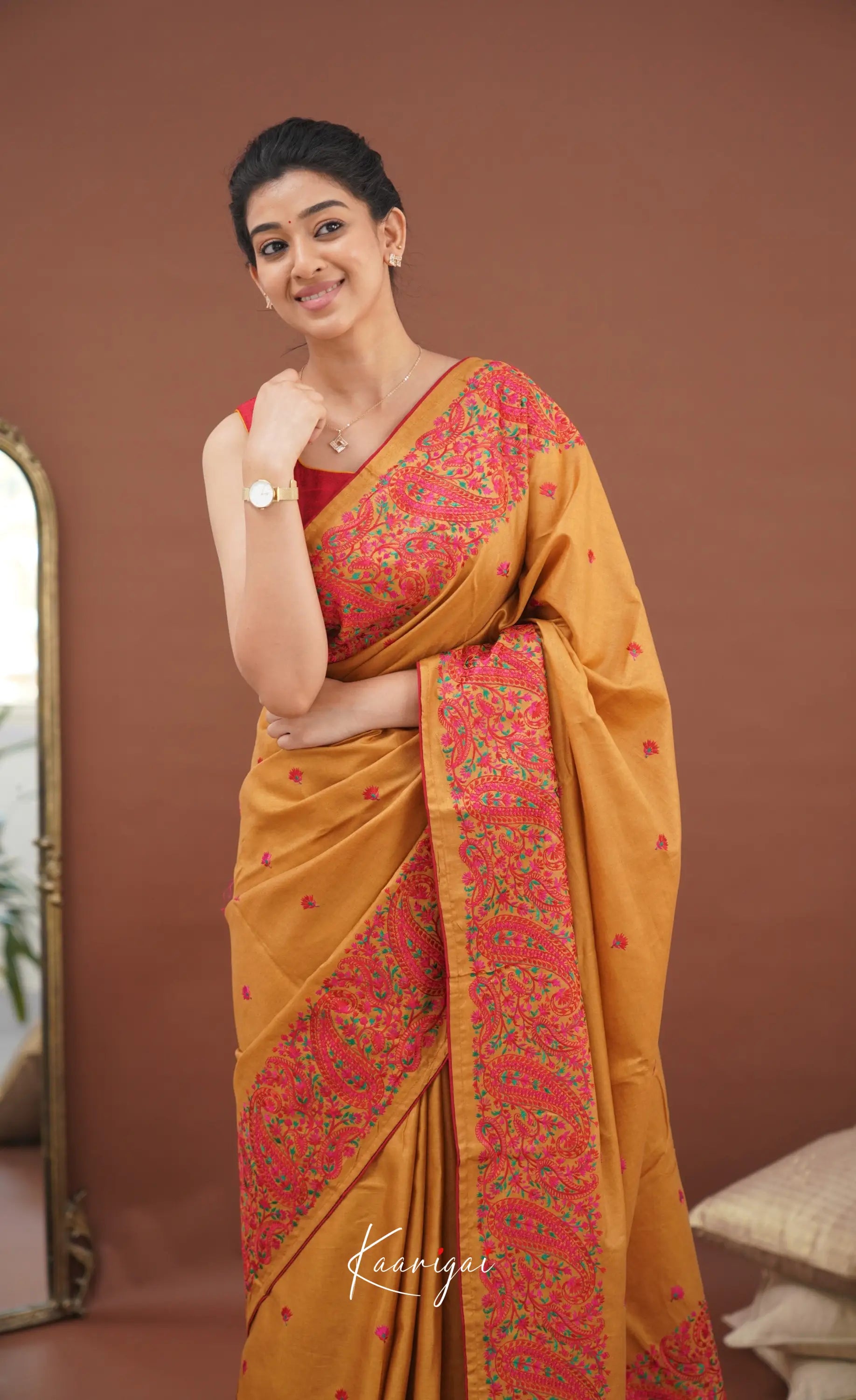 Nakshatra Semi Tissue Saree - Mustard And Red Sarees