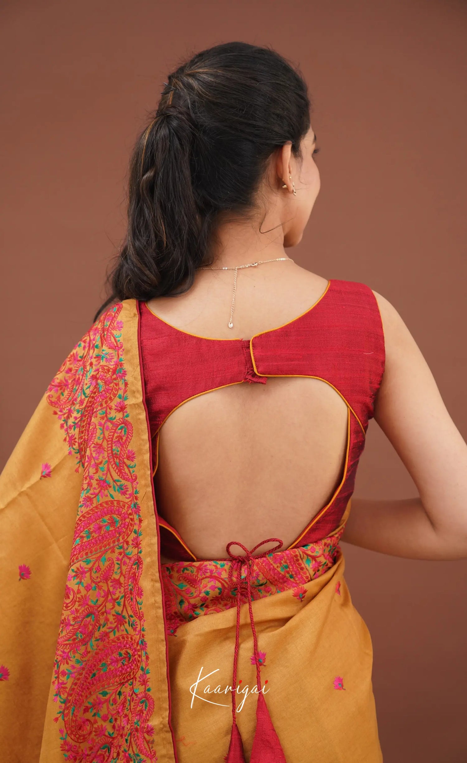 Nakshatra Semi Tissue Saree - Mustard And Red Sarees