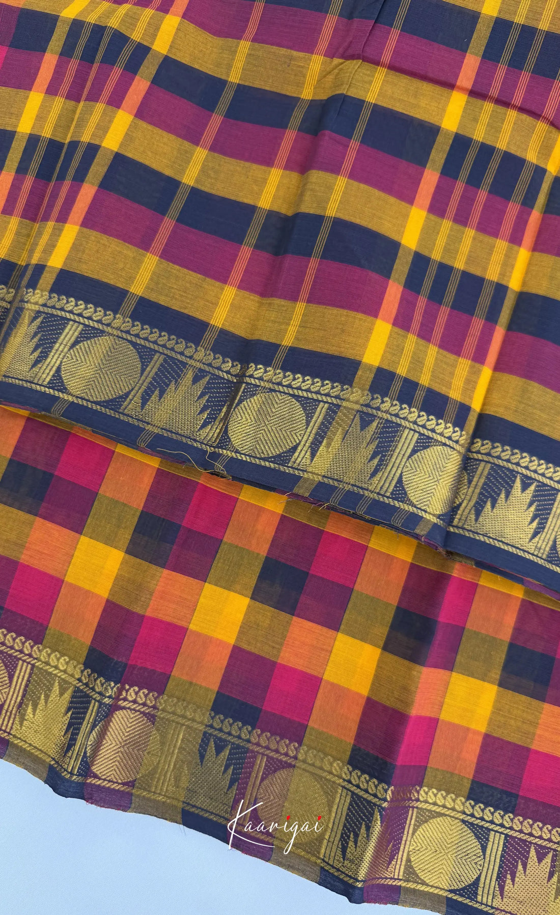 Nalinam - Blue and Orange Kandangi Checks Saree with Contrast Blouse - Sarees