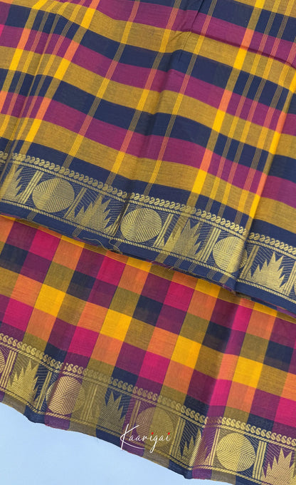 Nalinam - Blue and Orange Kandangi Checks Saree with Contrast Blouse - Sarees