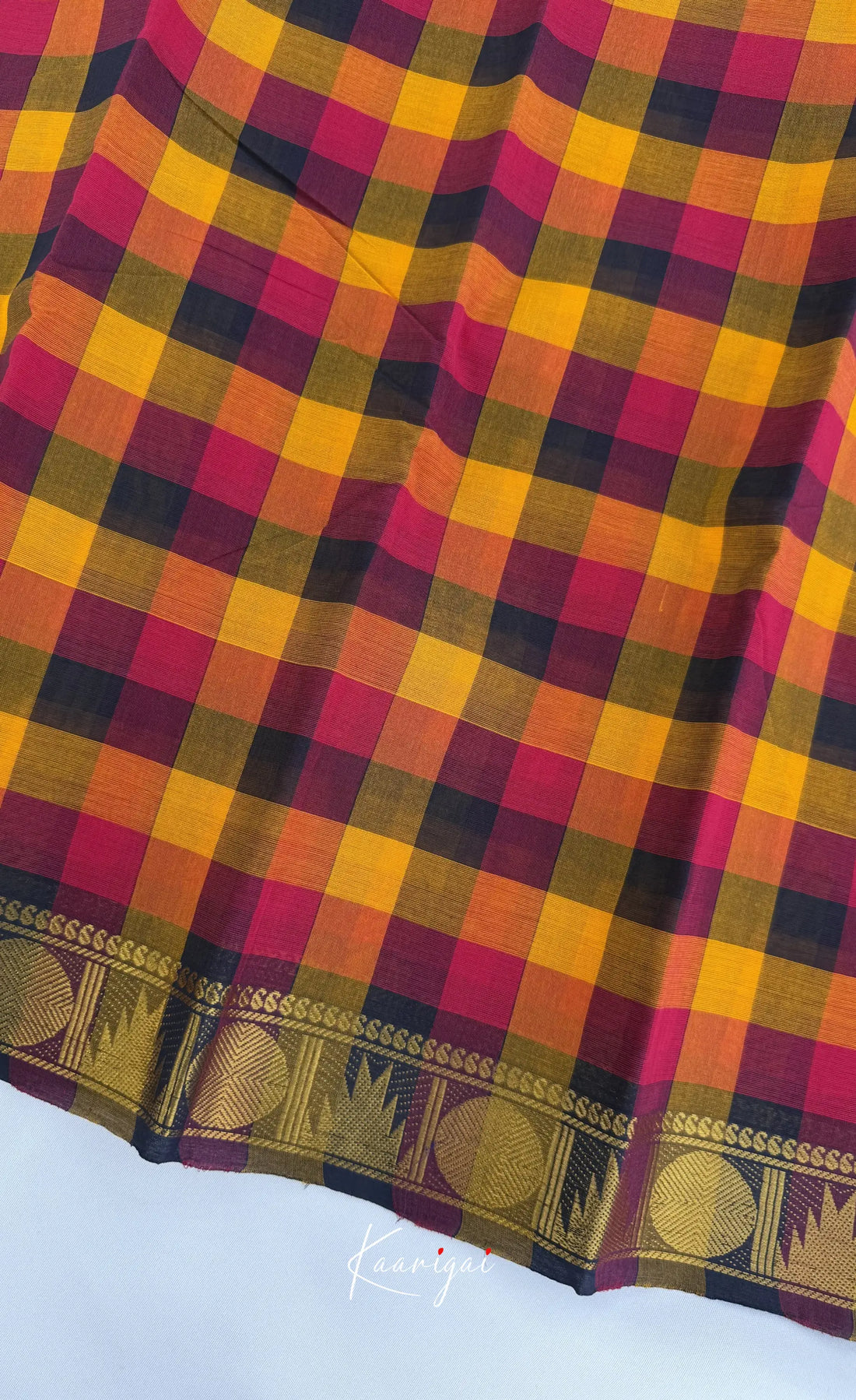 Nalinam - Blue and Orange Kandangi Checks Saree with Contrast Blouse - Sarees