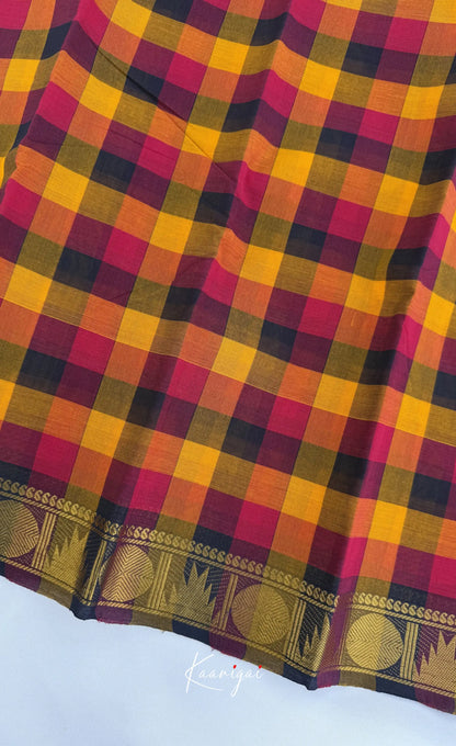 Nalinam - Blue and Orange Kandangi Checks Saree with Contrast Blouse - Sarees