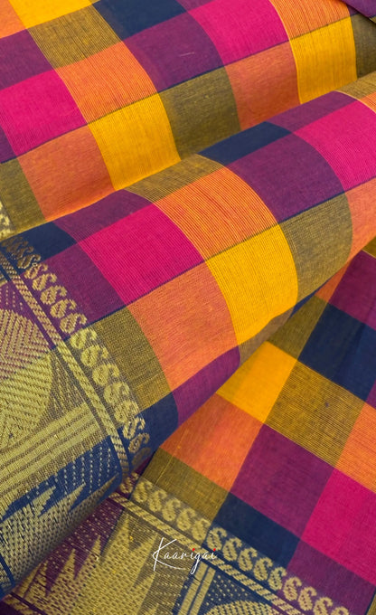 Nalinam - Blue and Orange Kandangi Checks Saree with Contrast Blouse - Sarees