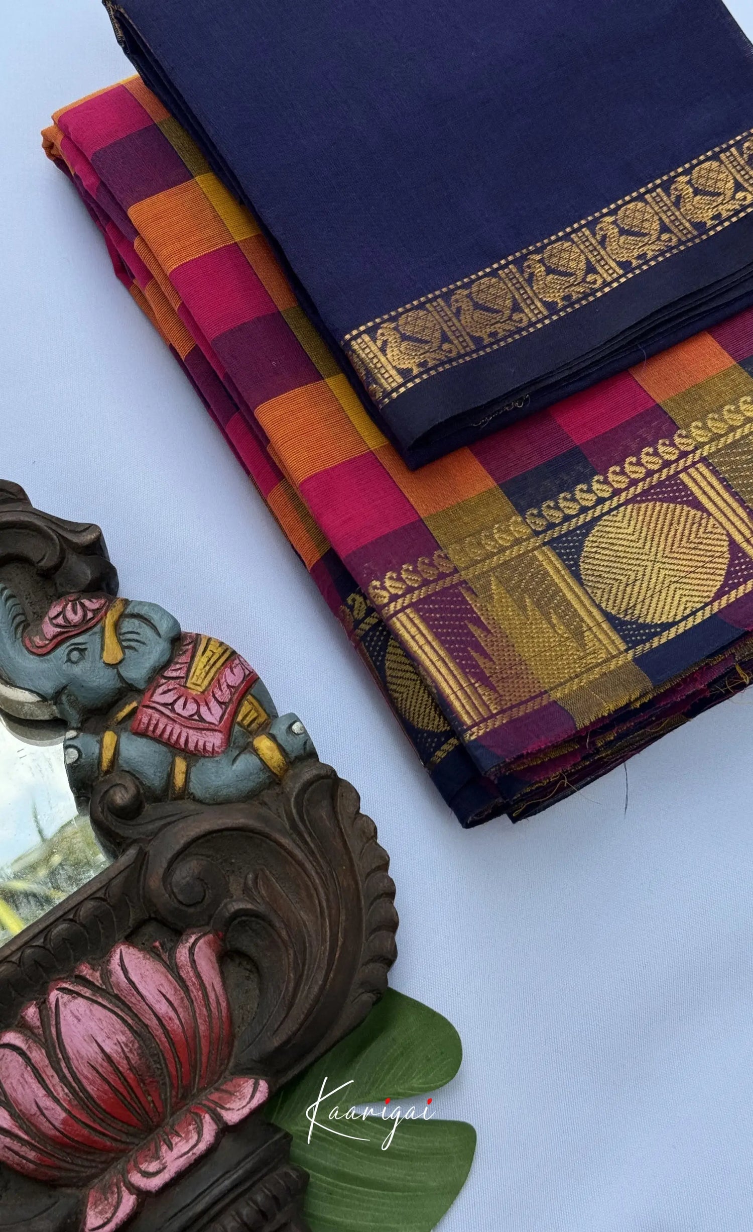 Nalinam - Blue and Orange Kandangi Checks Saree with Contrast Blouse - Sarees